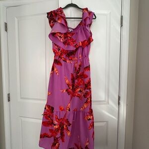 Ruffle-Trim Purple Maxi Dress with Tropical Print